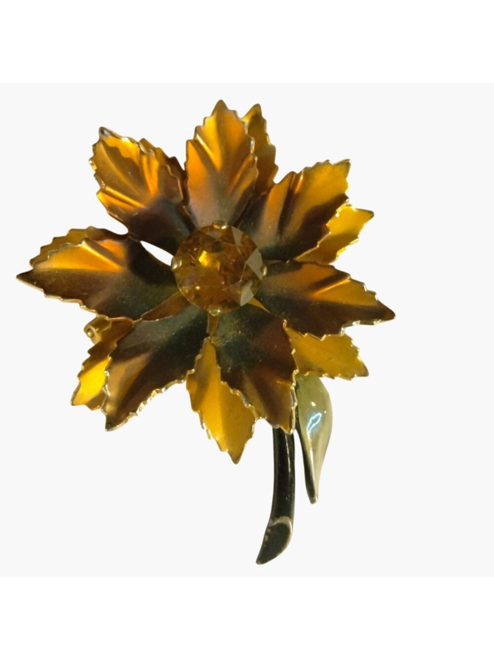 Flower Brooch Amber Rhinestone Vintage Gold Toned Enamel Stem - Picture 1 of 6